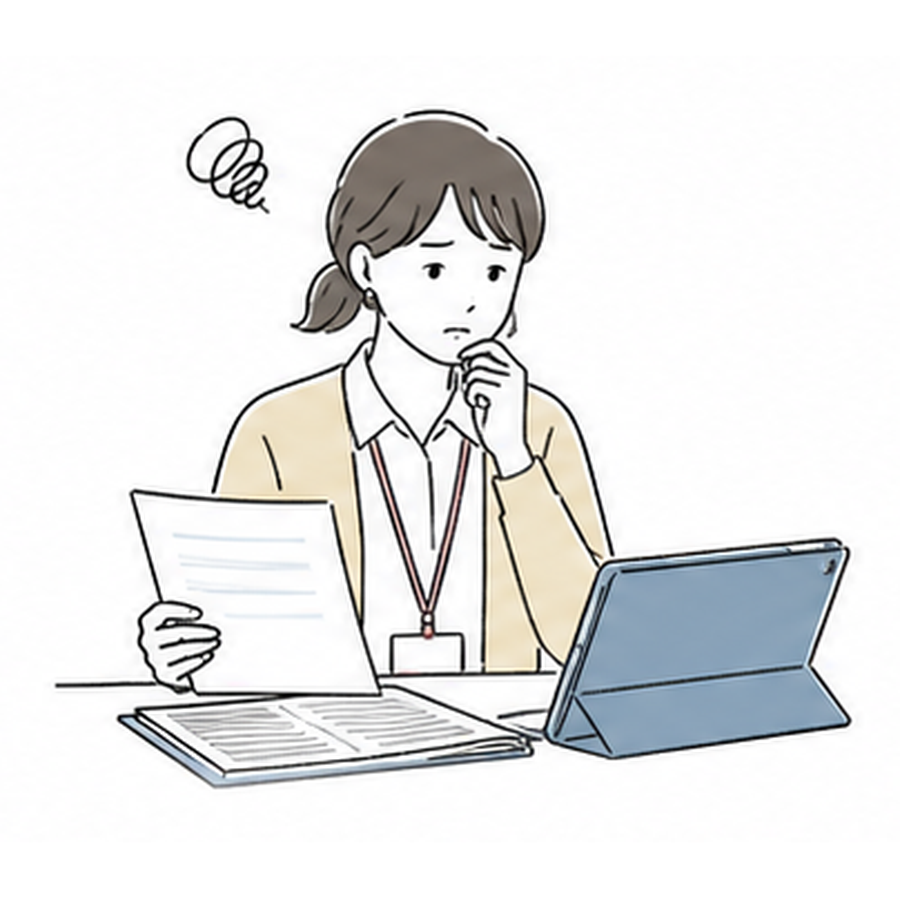 書類とタブレットを前に困った表情で考える職員のイラスト