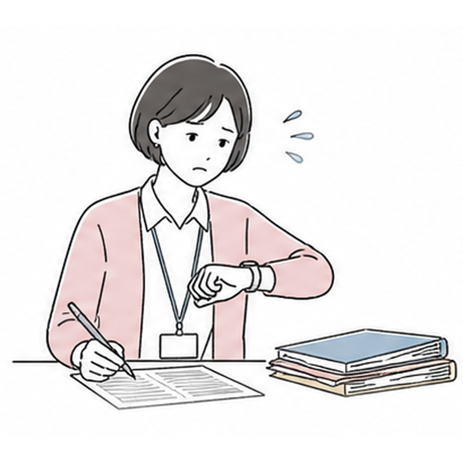 書類の山を前に時計を気にしながら記入する職員のイラスト